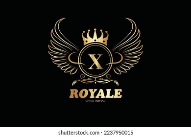 X Golden patterned letters and initial monogram in coat of arms form with crown. Royal font and elements kit for logo design.