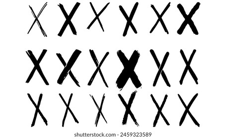 X hand drawing mark set. Hand drawn crossed brush strokes. Cross sign graphic symbol. High. Vector X mark wrong sign mark