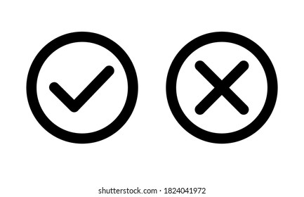 Сheckmark and x icon in circle. Confirm and reject icons. Сheckmark icon and red cross sign. Vector.