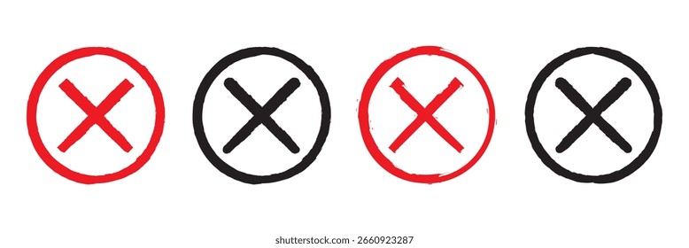 X icon. Red and black brush cross. Grunge letter mark. Sketch sign isolated on white background. Hand drawn calligraphy. Drawing vote symbol. Handwritten crosses. X shape graphic texture. Vector