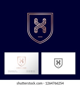 X Impossible gold letter. X monogram consist of thin lines. Web, UI icon. Identity. Business card.