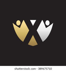X initial alphabet letter logo with teamwork swoosh man, silver gold black background