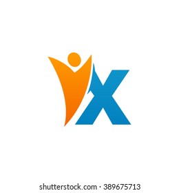 X initial alphabet letter logo with swoosh man, orange blue