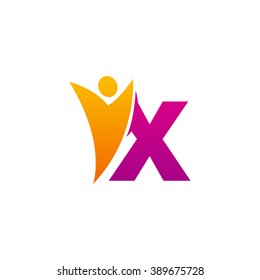 X initial alphabet letter logo with swoosh man, orange purple