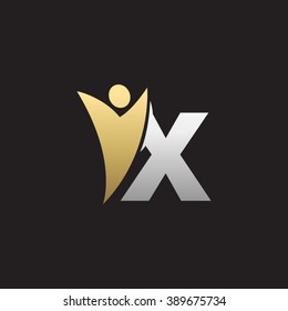 X initial alphabet letter logo with swoosh man, silver gold black background