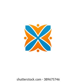 X initial alphabet letter logo with teamwork swoosh man, orange blue