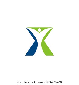 X initial alphabet letter logo with negative space swoosh man, green blue