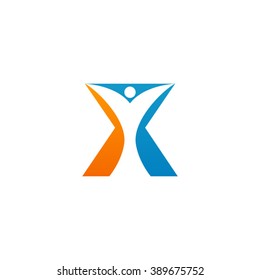 X initial alphabet letter logo with negative space swoosh man, orange blue