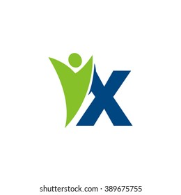 X initial alphabet letter logo with swoosh man, green blue