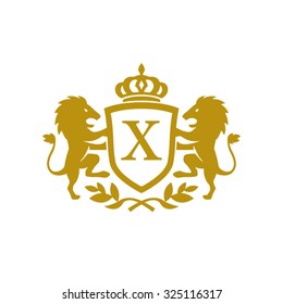 X initial business, clean luxury crest logo with lions