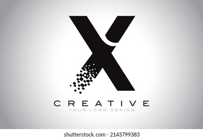 X Initial Letter Logo Design With Digital Pixels In Black And White Colors.