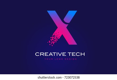 X Initial Letter Logo Design with Digital Pixels in Blue and Purple Colors.