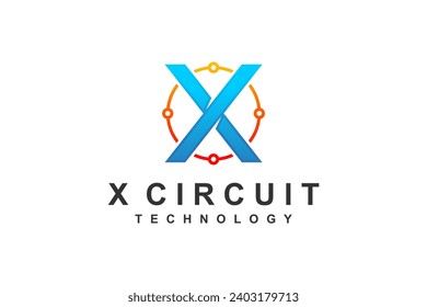 X initial logo letter with circuit board technology icon symbol.