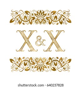 X and X initials vintage logo. The letters surrounded by ornamental elements. Wedding or business partners monogram in royal style.