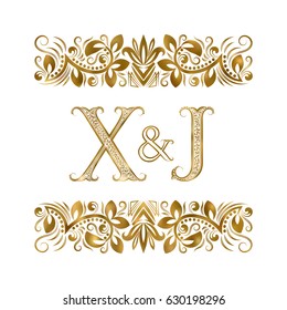 X and J initials vintage logo. The letters surrounded by ornamental elements. Wedding or business partners monogram in royal style.