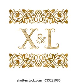 X and L initials vintage logo. The letters surrounded by ornamental elements. Wedding or business partners monogram in royal style.