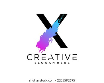 X Letter With Artistic Brush Stroke Ending.Purple Blue Electric Vibrant Color Vector Illustration.