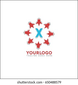 X letter brand identity. Vector graphic elegant sliced alphabet symbol with star element on circle in silver and red color.