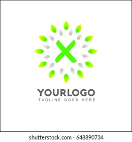 X Letter Circle Leaf Logo Design Template Element. Herbal Brand Identity.
