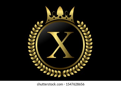 X letter and crown monogram logo. Luxury laurel with golden wreath. Elegant vector for emblem, logo, card, badge, antique, restaurant, cafe, boutique, hotel, heraldic, jewelry, product or company name