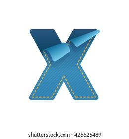 X letter of denim with folded corner. 