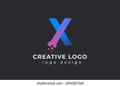 X Letter Design with Creative Dots Bubble and Blue Pink Colors Vector Illustration.