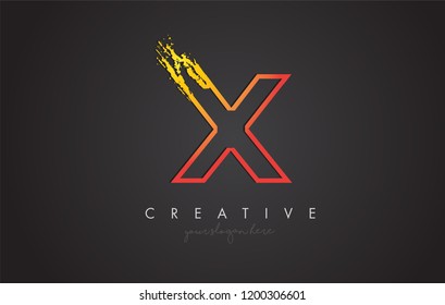 X Letter Design with Golden Outline and Grunge Brush Texture. Vector Illustration.