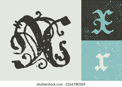 X letter drop cap logo. Illuminated initial and blackletter uppercase and lowercase. All you need to precisely imitate medieval text. Decorative element for the beginning of a paragraph or section.