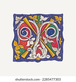 X letter drop cap logo with interlaced white vine and gilding calligraphy elements. Renaissance initial emblem. Medieval dim colored fancy luxury icon based on Ottonian and Romanesque.