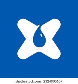 X letter eco logo with blue water dew drops. Negative space icon. Spring water emblem. Vector template for pure drink company, swimming posters, waste recycling identity, fight against drought adv.