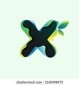 X letter eco logo with green leaves in hologram glitch style. Environment friendly icon with color shift and illusion effect. Vector element for waste recycling identity, natural theme presentation.