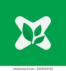 X letter eco logo with green leaves. Negative space agriculture icon. Lush foliage emblem. Vector template for seeds growing company, summer posters, waste recycling identity, nature friendly labels.