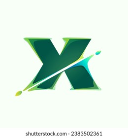 X letter eco logo with green leaves and diagonal distortion, color shift effect. Eco-friendly vector illustration. Lush foliage emblem. Perfect for nature banner, healthy labels, waste recycling icon.