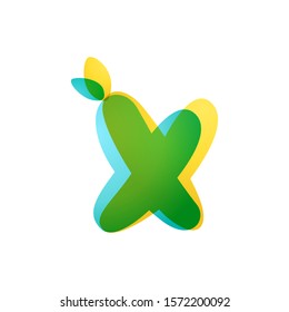X letter eco logo. Overlapping gradient font with green leaves. Vector green template can be used for eco, vegan, bio, raw, organic.