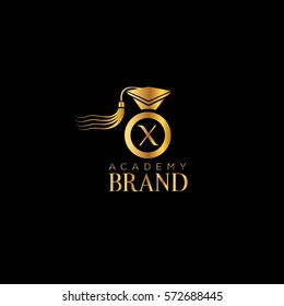 X  letter education hat vector logo design template. Graduation cap golden sign (symbol, design element)