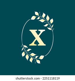 X letter in elegant oval frame with gold leaf. Vector isolated illustration.