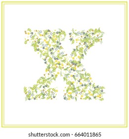 X letter floral logo.Vector cute decorative font made of flowers and leaves. Brand identity, fashion brand, crests set, real estate, vintage icon, vector illustration for wedding, cards.