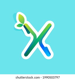 X letter flow line eco logo with green leaves. Vector green icon perfect to use in your agriculture labels, science posters, spring advertising campaign.