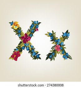X letter. Flower capital alphabet. Colorful font. Uppercase and Lowercase. Vector illustration.