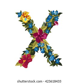 X letter. Flower capital alphabet. Colorful font. Uppercase. Vector illustration. Grotesque style. Floral alphabet. 