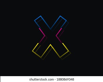 X letter font, vector design logo. Dynamic, split-color, blue, pink, yellow on black background. Eps10 illustration