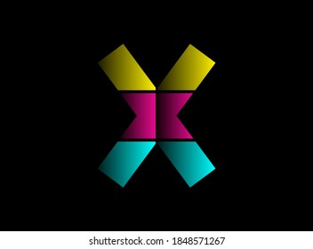 X letter font, vector logo made of Cmyk color. Dynamic split blue, pink, yellow color on black background. For social media,design elements, creative poster, web template etc.                       