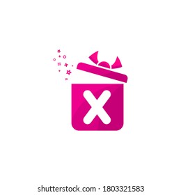 X letter Gift box Logo Design Vector Template.Logo gift template. Letter X in the box for present. Concept design present emblems and signs. Gift box icon pink color.X gift box logo
