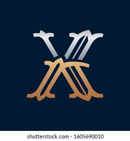 X letter gold and silver logo in slab serif retro style. Vector crown glossy font for your fashion poster, jewelry badge, vintage banner, boutique card etc.