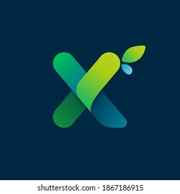 X letter green gradient eco logo. Vector one line colorful typeface for agriculture branding design, spring labels, garden posters, environment identity etc.