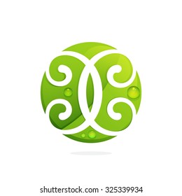 X letter with green leaves and dew drops. Vector design template elements for your application or corporate identity.