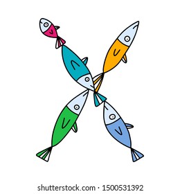 X letter hand drawn vector illustration sardines form in cartoon style rainbow colors