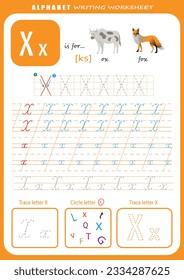 Hoja de trabajo de práctica de escritura a mano con letra X. Hoja de cálculo de seguimiento de letras de alfabeto para niños con juegos e ilustraciones brillantes. Página Aprendiendo actividad alfabética. Plantilla imprimible.