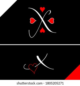 X letter with heart vector on black background. X love letter logo design. X with Red love letter. Love letter X logo vector design for valentines day sale background with heart icon.