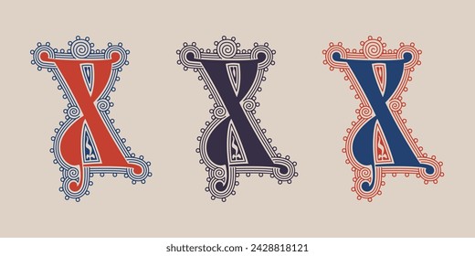 X letter illuminated gothic monogram with naturalistic flowers ornament. German drop cap. Dark age decorative logo. Classic medieval red and blue Latin initials font based on XIV century manuscript.
